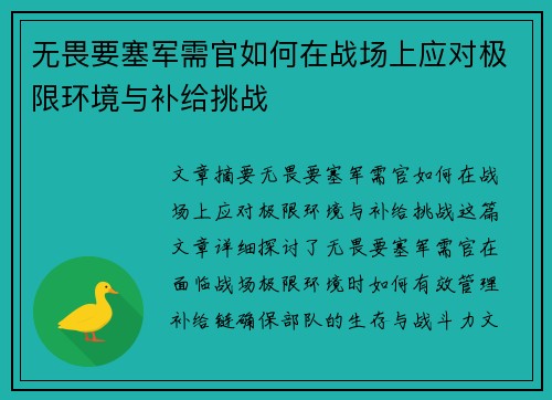 无畏要塞军需官如何在战场上应对极限环境与补给挑战