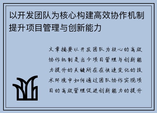 以开发团队为核心构建高效协作机制提升项目管理与创新能力